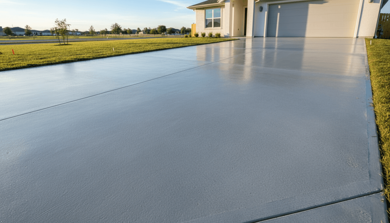 Freshly poured concrete driveway with a smooth, clean finish