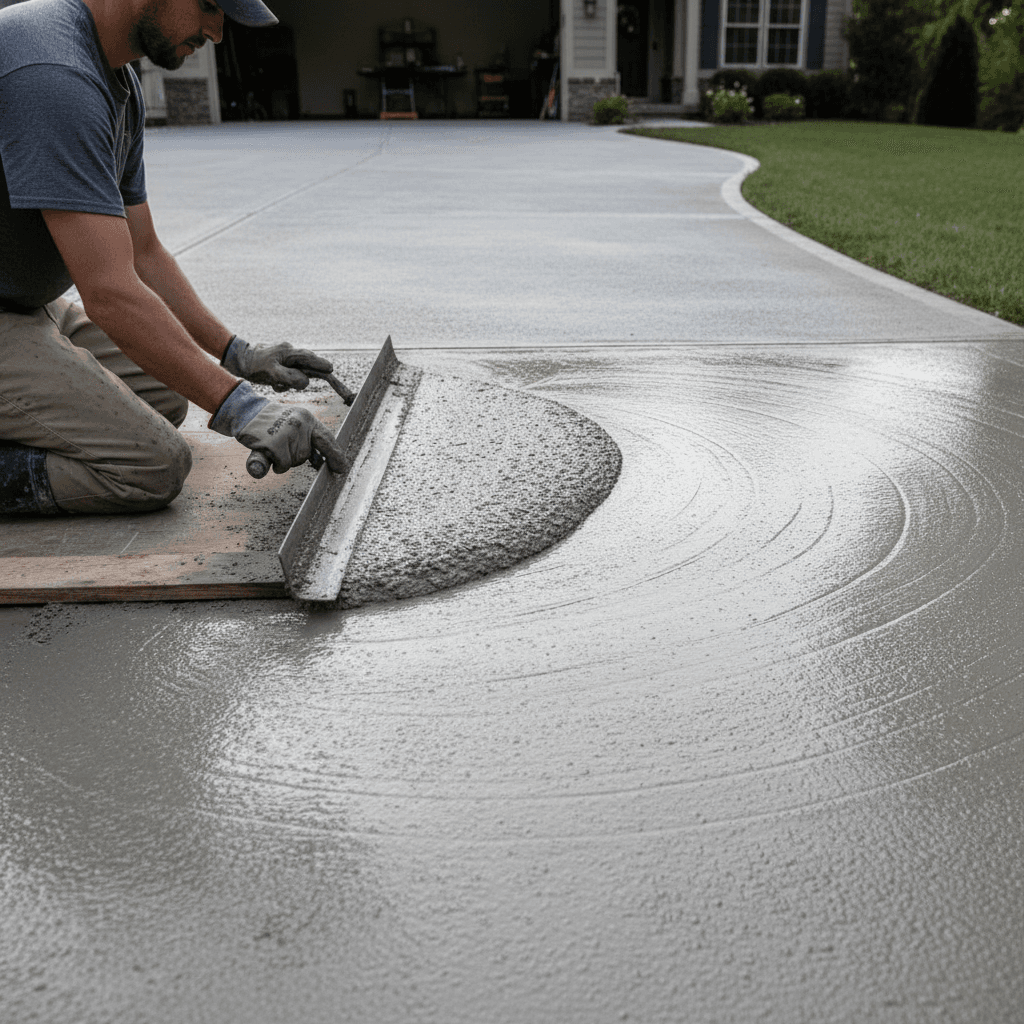 Freshly poured concrete driveway being smoothed with a trowel