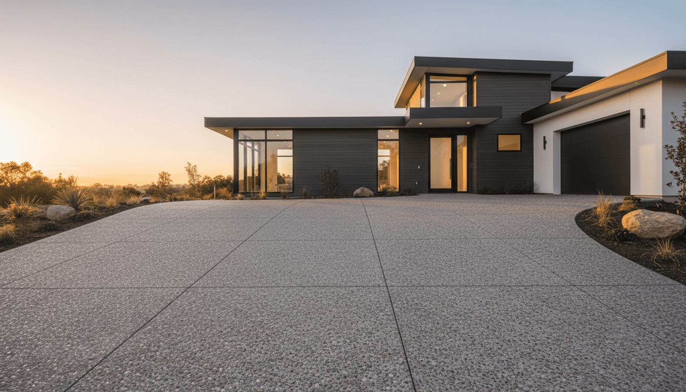 Finished exposed aggregate concrete driveway in front of a modern home