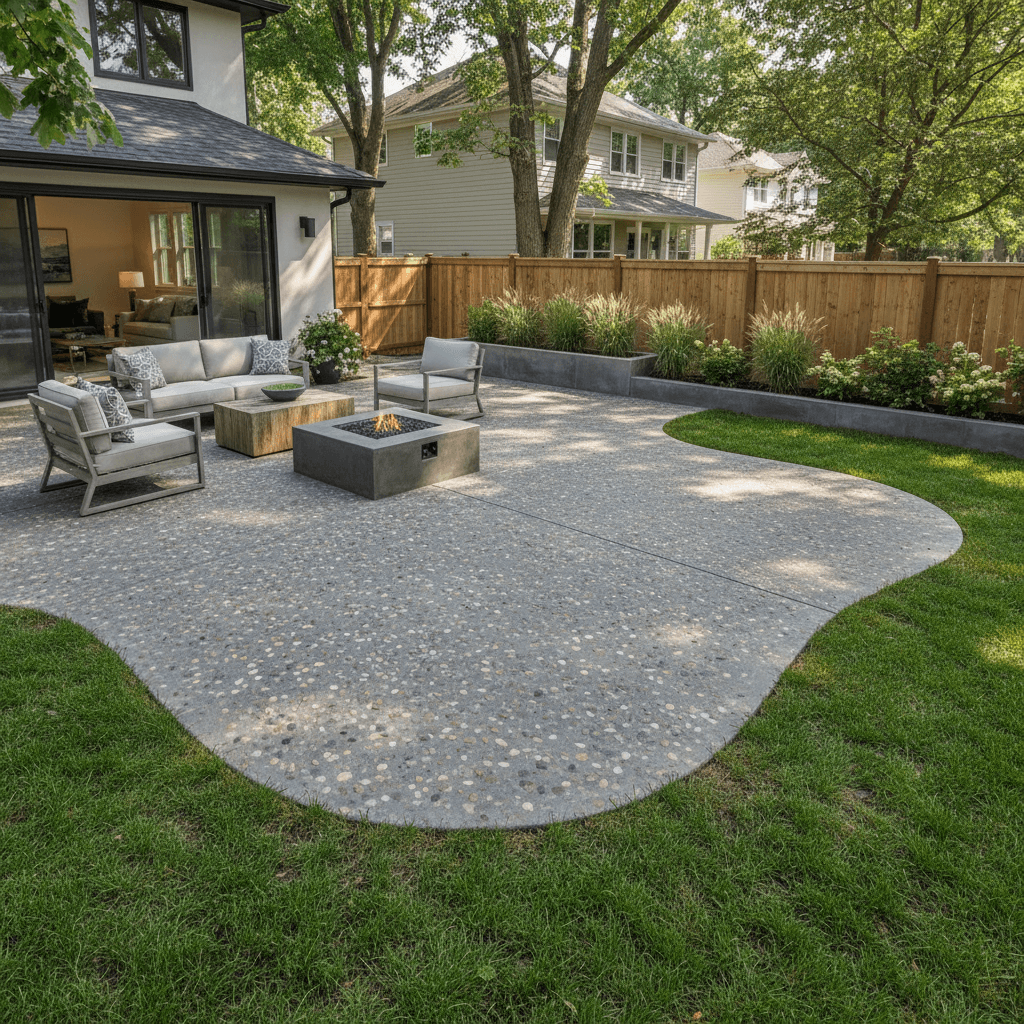 Finished exposed aggregate concrete patio in a backyard