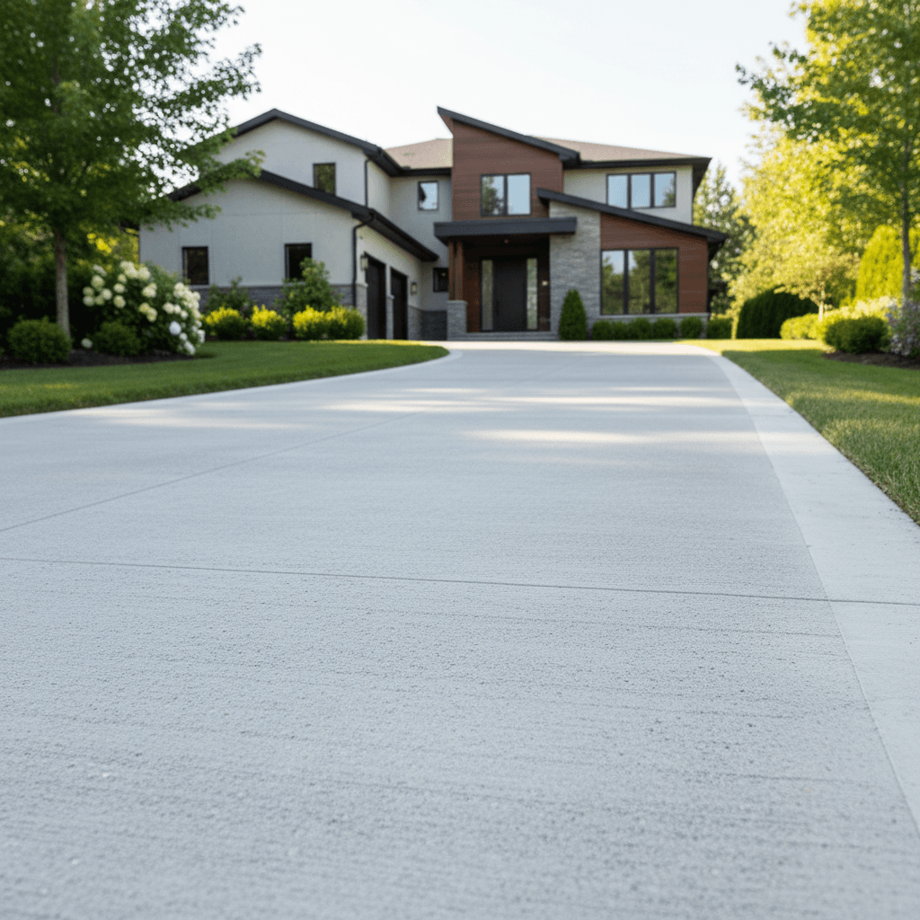 Finished concrete driveway with broom finish, leading to a modern home
