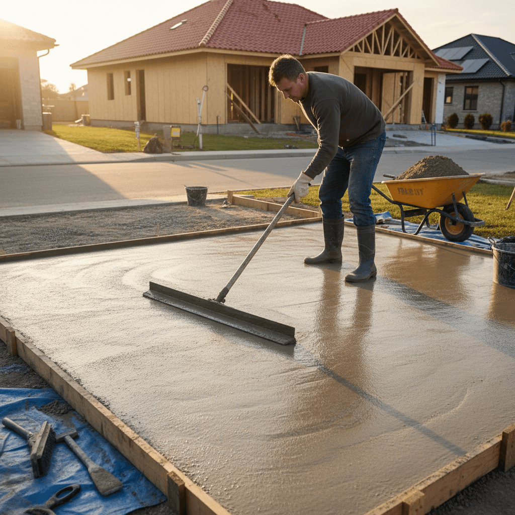 Worker smoothing fresh concrete driveway with a trowel