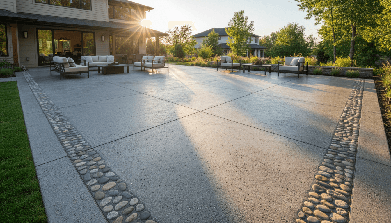 Exposed aggregate concrete path in a residential backyard with decorative stones