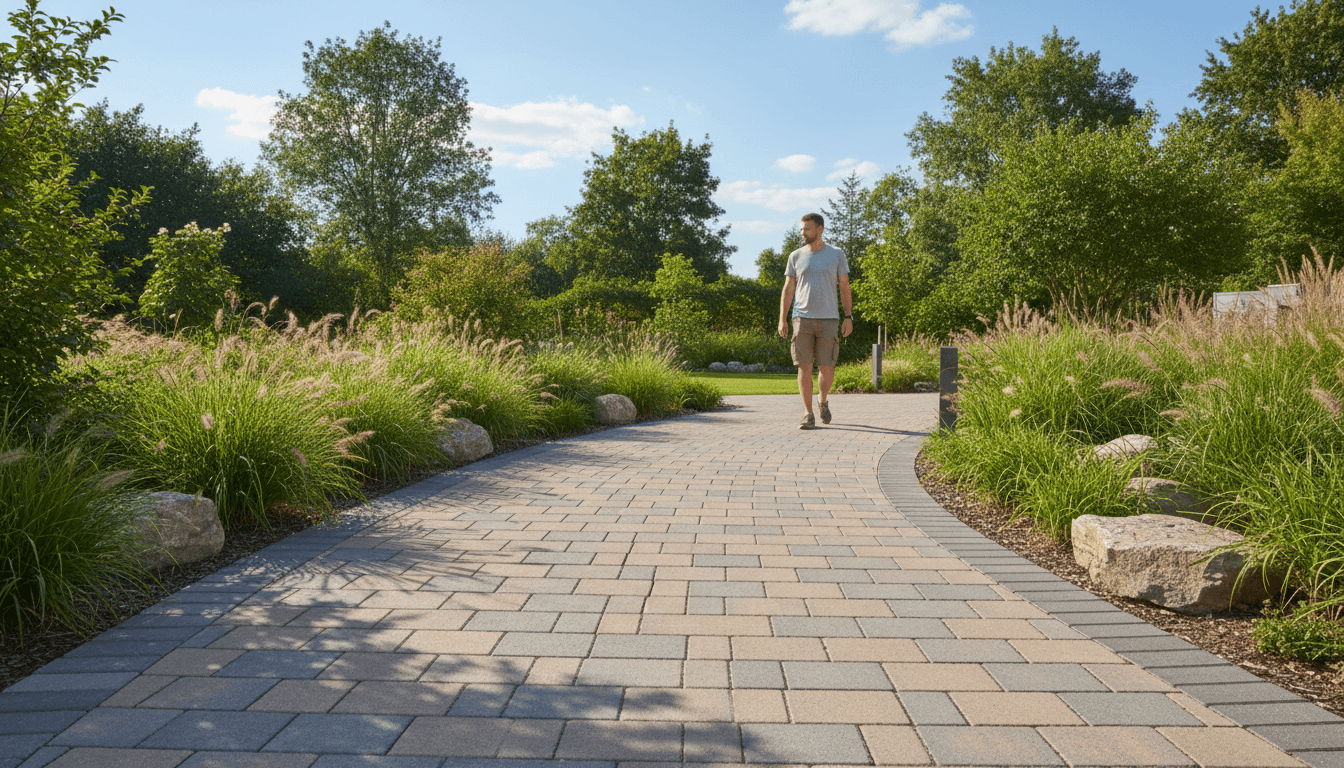 Concrete slab path through a residential garden