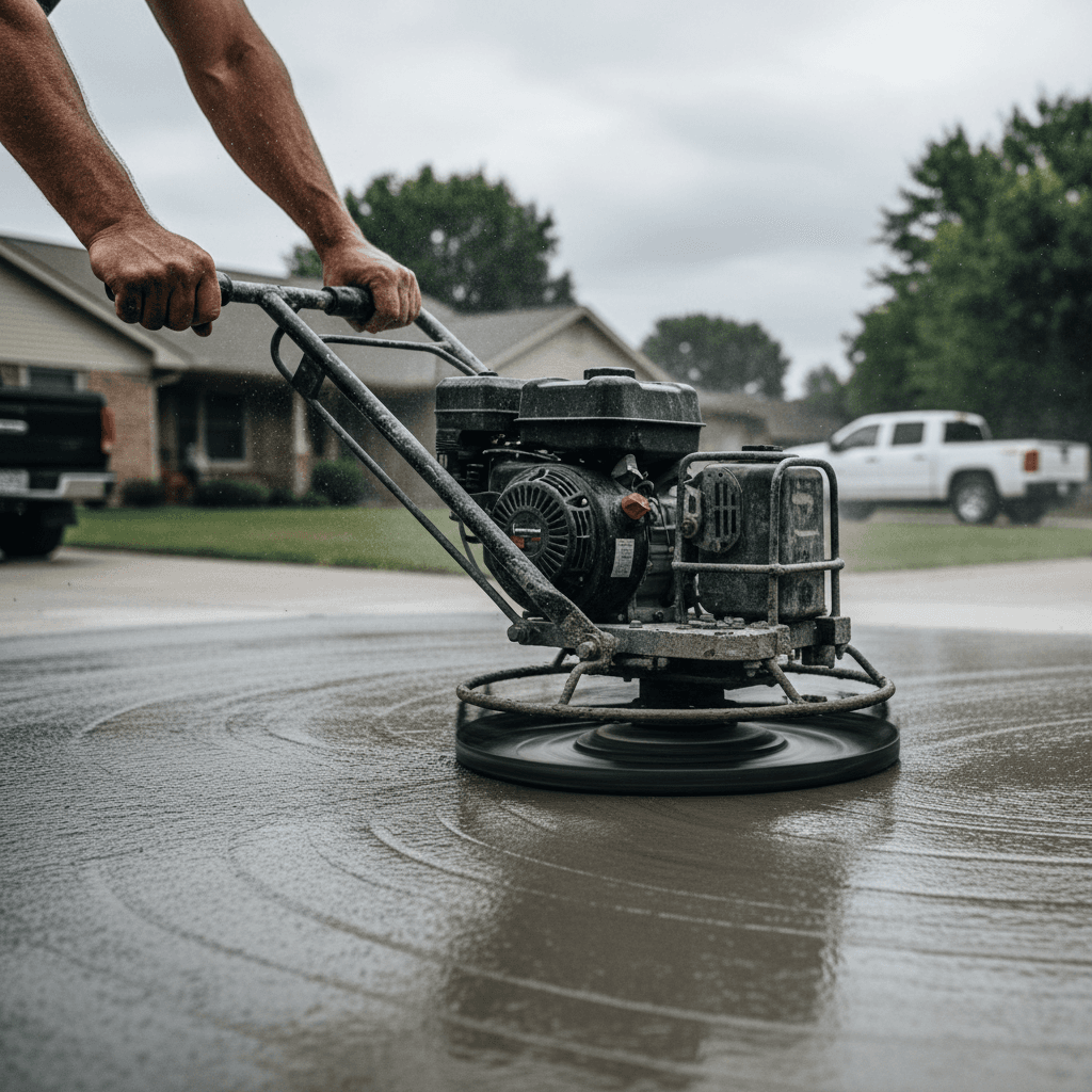 Freshly poured concrete driveway with a smooth finish and visible trowel marks