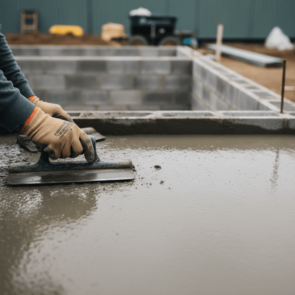 Concreter smoothing fresh concrete on a new driveway