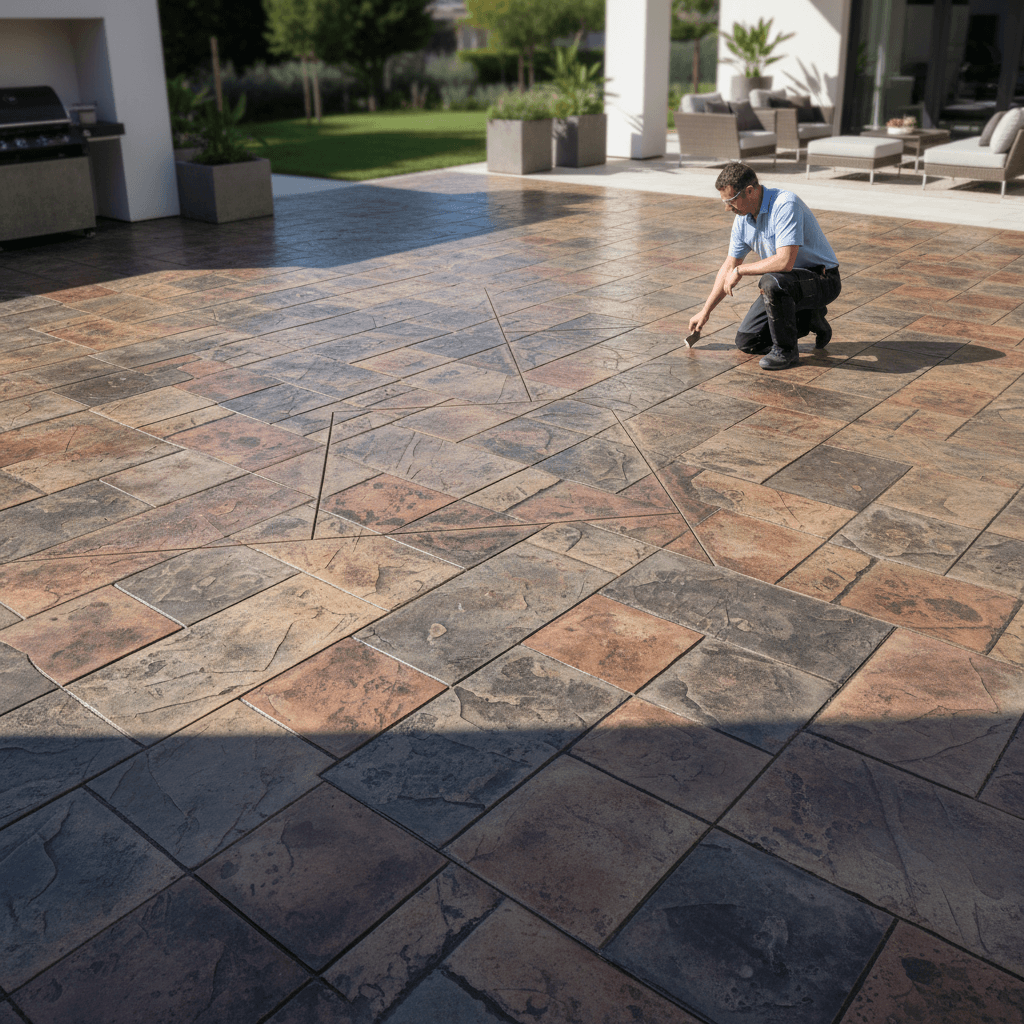 Exposed aggregate patio surface with pebbled texture